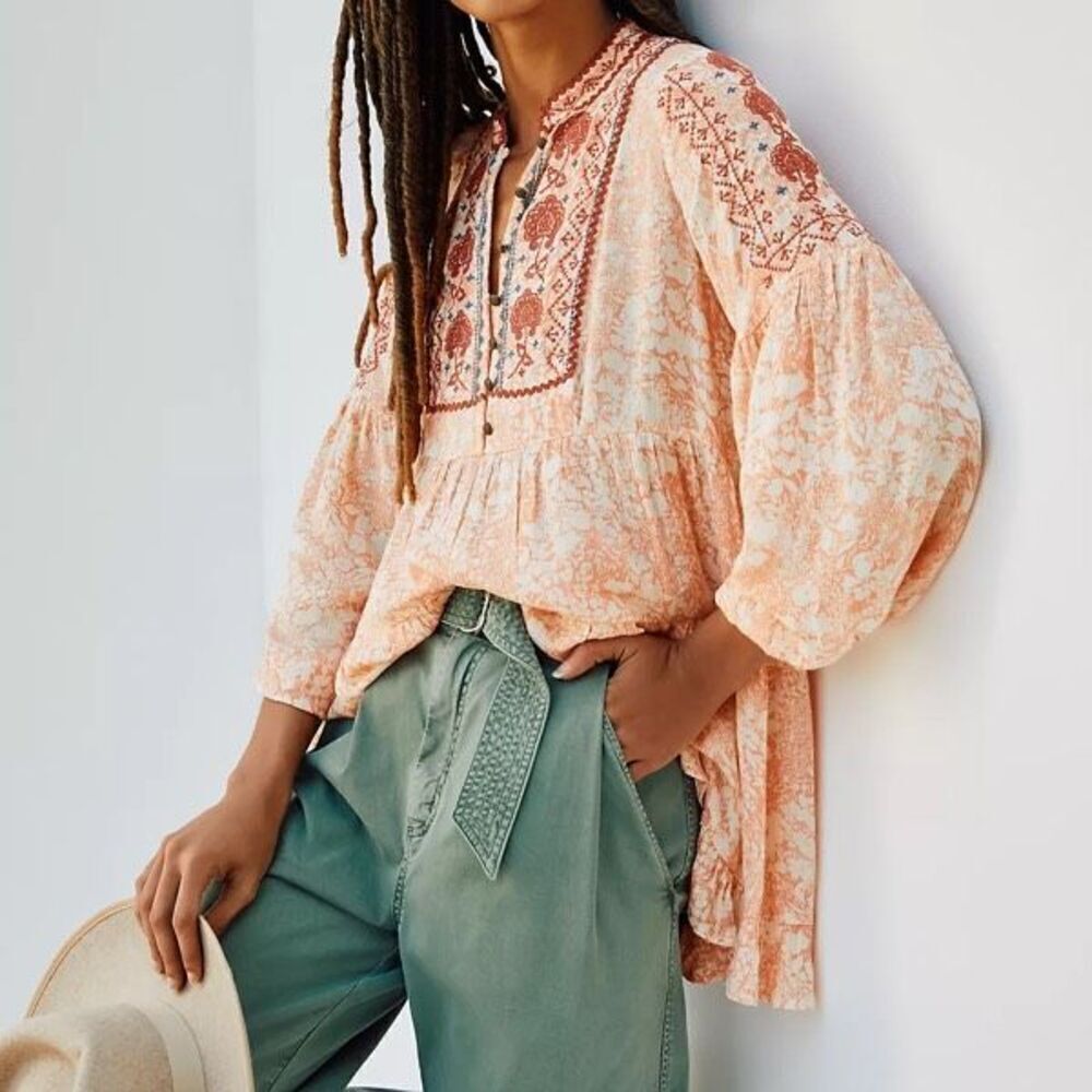 Anthropologie Claudia Embroidered Babydoll Tunic bohemian small embroidered